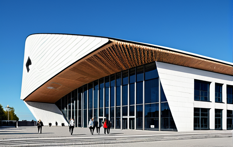 An exterior architectural shot of the A. Le Coq Arena in Tallinn, Estonia, showcasing its modern design and integration into the urban landscape. The stadium features clean lines and a contemporary aesthetic under a clear sky. A few individuals are walking near the stadium entrance, dressed in fully clothed, modest business casual attire. The scene is well-lit, professional photography, high quality, safe for work, appropriate content, family-friendly. Perfect anatomy, correct proportions, natural pose, well-formed hands, proper finger count, natural body proportions.