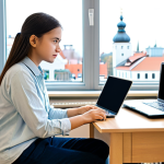 A focused young adult international student, fully clothed in a modest, professional-casual outfit, sits attentively at a clean, modern study desk in a brightly lit university dormitory room. Textbooks and a laptop are neatly arranged around them. The background subtly features minimalist Estonian-inspired decor and a blurred view of a city window. Perfect anatomy, correct proportions, natural pose, well-formed hands, proper finger count, natural body proportions. Safe for work, appropriate content, professional, family-friendly.