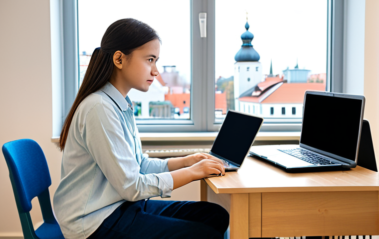 A focused young adult international student, fully clothed in a modest, professional-casual outfit, sits attentively at a clean, modern study desk in a brightly lit university dormitory room. Textbooks and a laptop are neatly arranged around them. The background subtly features minimalist Estonian-inspired decor and a blurred view of a city window. Perfect anatomy, correct proportions, natural pose, well-formed hands, proper finger count, natural body proportions. Safe for work, appropriate content, professional, family-friendly.