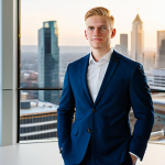 A visionary young male entrepreneur, resembling Markus Villig, in a modern, modest business suit and professional dress, stands confidently in a bright, contemporary office. Behind him, a panoramic window overlooks a bustling, clean city skyline at sunrise, symbolizing new beginnings and urban transformation. He is looking forward, with a determined and thoughtful expression. The scene emphasizes innovation and leadership. Fully clothed, appropriate attire, safe for work, appropriate content, professional, perfect anatomy, correct proportions, natural pose, well-formed hands, proper finger count, natural body proportions, high-quality professional photography.