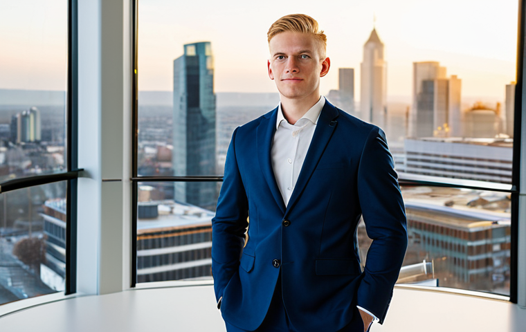 A visionary young male entrepreneur, resembling Markus Villig, in a modern, modest business suit and professional dress, stands confidently in a bright, contemporary office. Behind him, a panoramic window overlooks a bustling, clean city skyline at sunrise, symbolizing new beginnings and urban transformation. He is looking forward, with a determined and thoughtful expression. The scene emphasizes innovation and leadership. Fully clothed, appropriate attire, safe for work, appropriate content, professional, perfect anatomy, correct proportions, natural pose, well-formed hands, proper finger count, natural body proportions, high-quality professional photography.