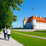 **

"A majestic medieval castle (Kuressaare Castle) overlooking the sea, Estonia, daytime, clear sky, surrounded by a lush green park, fully clothed tourists strolling in the foreground, appropriate content, safe for work, perfect anatomy, correct proportions, natural pose, professional photography, high quality, family-friendly."

**
