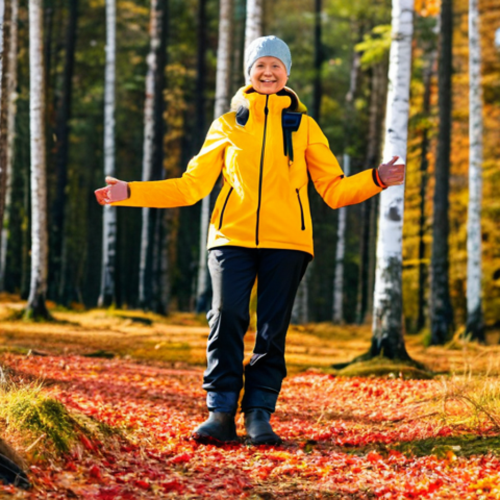 에스토니아 날씨 및 여행 최적기 - **Image Prompt:** A professional female traveler wearing a modest hiking outfit (waterproof jacket, ...