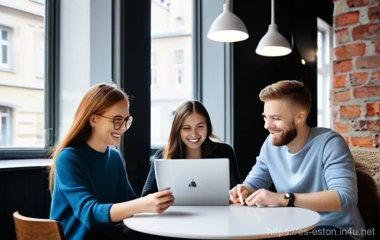 에스토니아에서 영어 사용 가능성 - **Prompt:** A vibrant scene inside a modern yet cozy cafe in Tallinn's Old Town, where old-world cha...