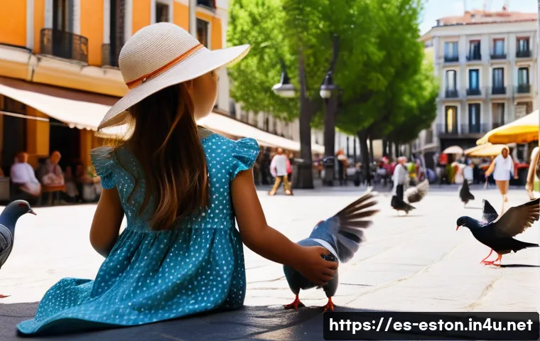 에스토니아 사회 복지 및 건강 보험 시스템 - **Prompt:** "A sunny afternoon in a bustling Madrid plaza. A young girl, around 7 years old, in a co...