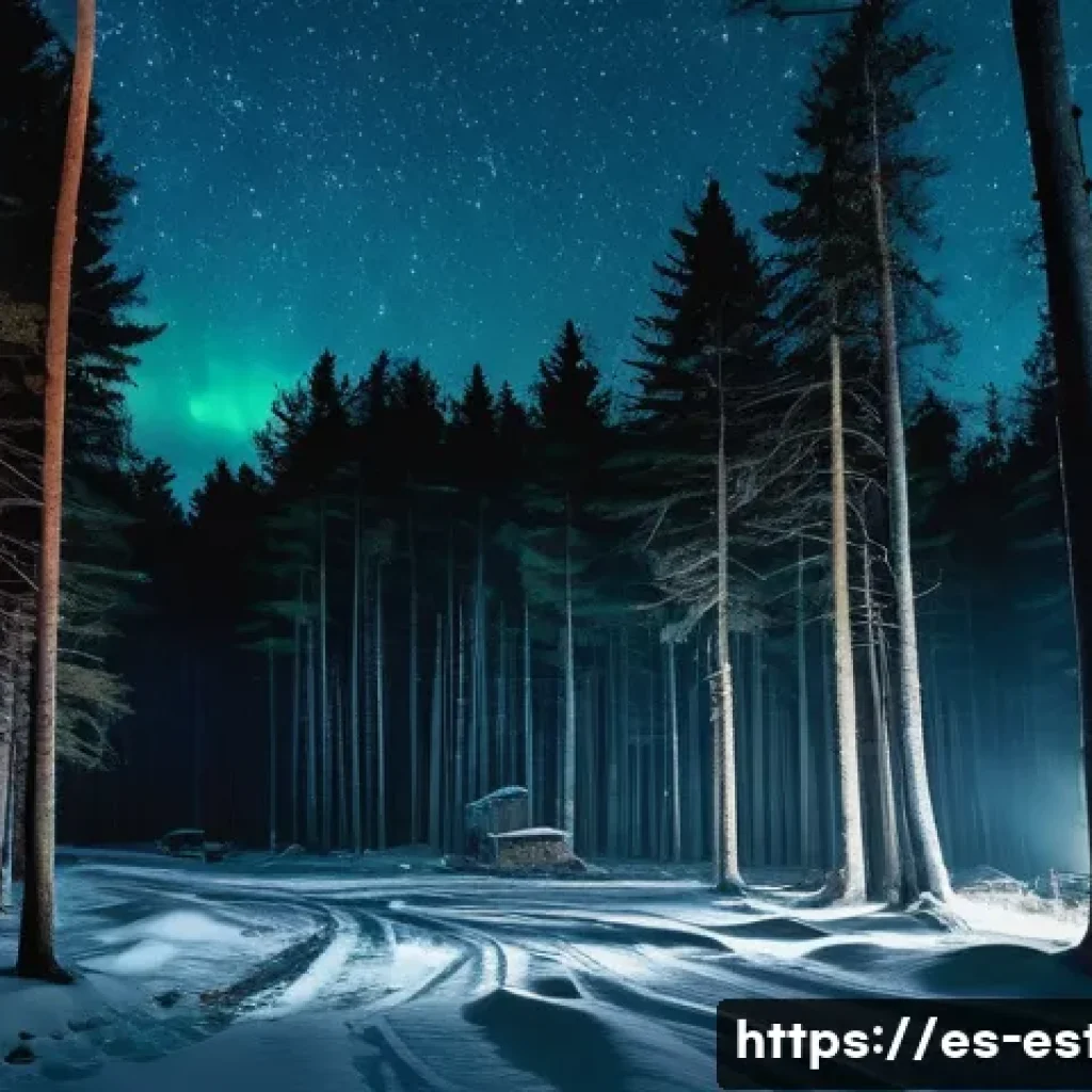 에스토니아에서 UFO 목격담과 미스터리한 사건 - A mysterious rural Estonian night scene showing dense dark forests under a starry sky, with erratic,...