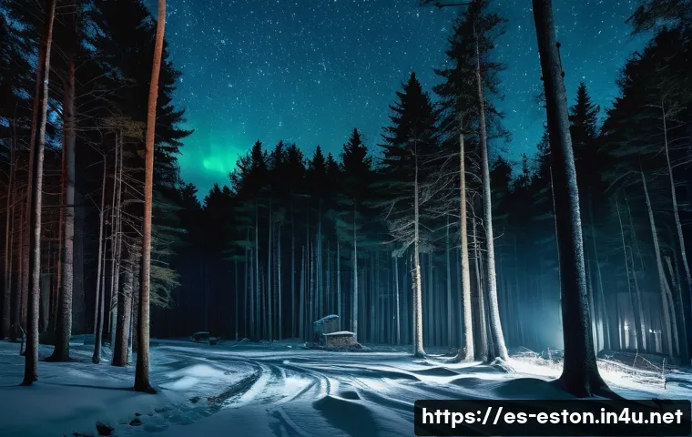 에스토니아에서 UFO 목격담과 미스터리한 사건 - A mysterious rural Estonian night scene showing dense dark forests under a starry sky, with erratic,...