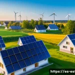 에스토니아의 환경 보호 정책 및 지속 가능성 - A vibrant rural Estonian village scene at sunrise, featuring eco-friendly houses equipped with solar...