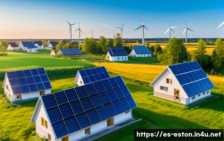 에스토니아의 환경 보호 정책 및 지속 가능성 - A vibrant rural Estonian village scene at sunrise, featuring eco-friendly houses equipped with solar...