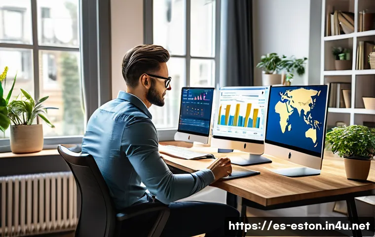 에스토니아 전자 시민권  e Residency - A modern digital entrepreneur working remotely from a cozy home office with multiple screens display...