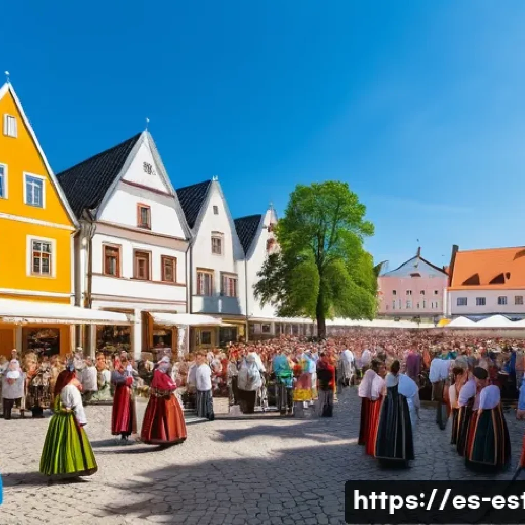 에스토니아와 리투아니아의 역사적 차이 - A vibrant medieval Estonian town square during a summer festival, featuring traditional wooden and s...