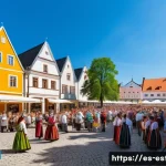 에스토니아와 리투아니아의 역사적 차이 - A vibrant medieval Estonian town square during a summer festival, featuring traditional wooden and s...