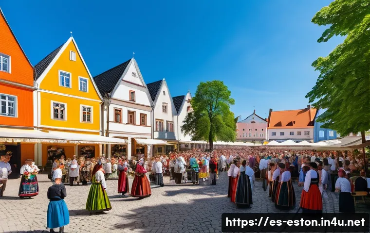 에스토니아와 리투아니아의 역사적 차이 - A vibrant medieval Estonian town square during a summer festival, featuring traditional wooden and s...