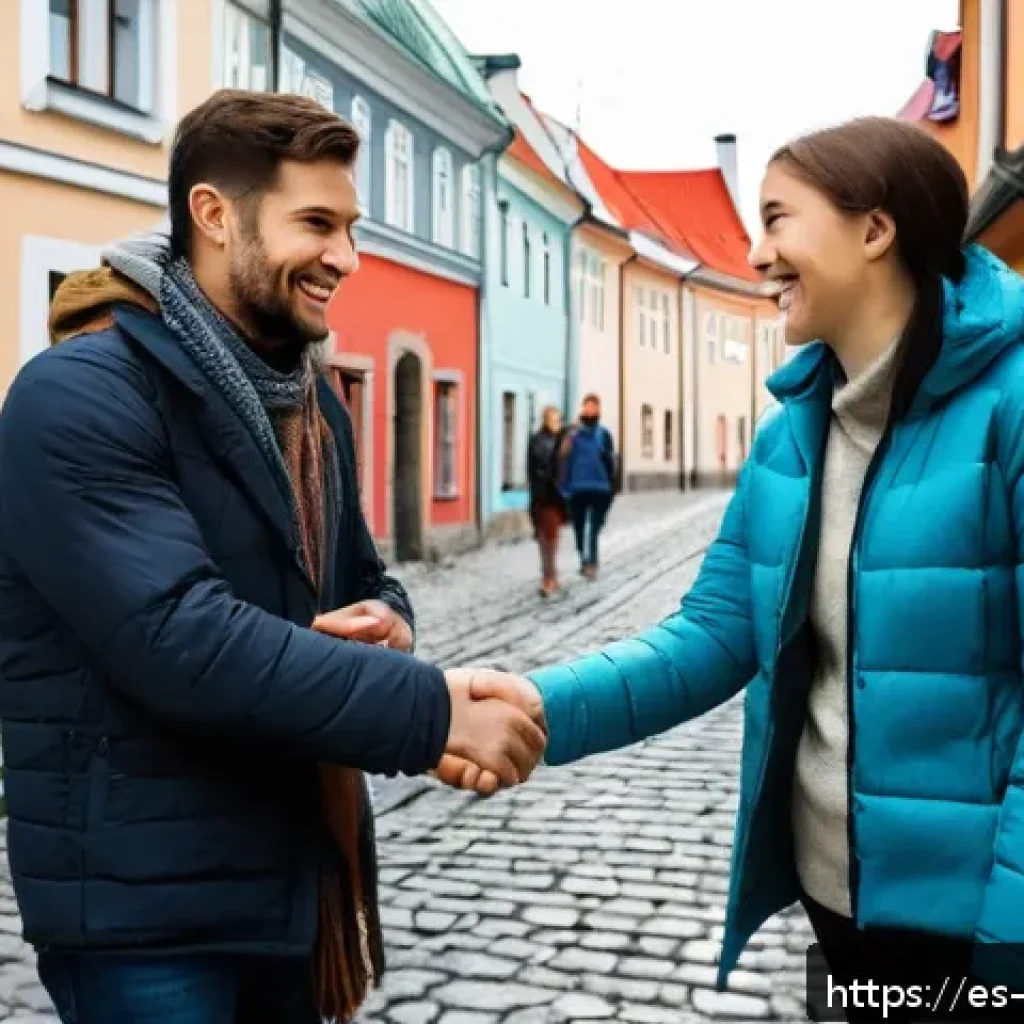 에스토니아 여행 시 언어 문제 해결법 - A warm street scene in Tallinn, Estonia, showing a smiling traveler greeting a local with the word “...