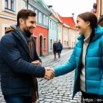 에스토니아 여행 시 언어 문제 해결법 - A warm street scene in Tallinn, Estonia, showing a smiling traveler greeting a local with the word “...