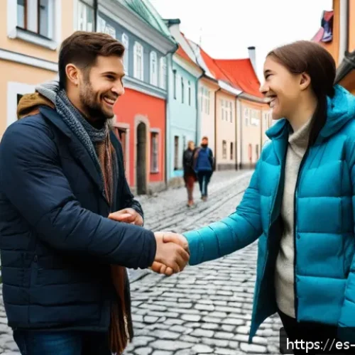 에스토니아 여행 시 언어 문제 해결법 - A warm street scene in Tallinn, Estonia, showing a smiling traveler greeting a local with the word “...