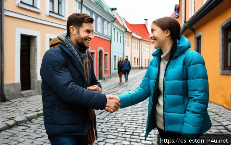에스토니아 여행 시 언어 문제 해결법 - A warm street scene in Tallinn, Estonia, showing a smiling traveler greeting a local with the word “...