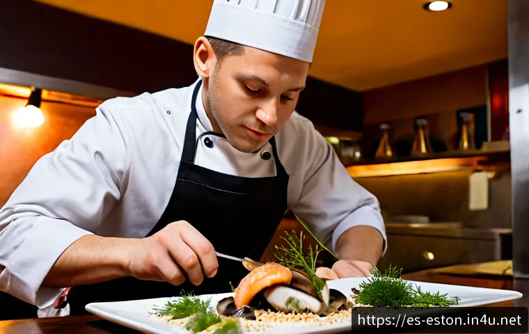 에스토니아에서 유명한 요리사 및 레스토랑 - Photorealistic portrait of an acclaimed Estonian chef in a refined Tallinn restaurant kitchen, weari...