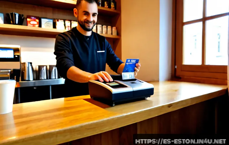 에스토니아에서 카드 결제 및 현금 사용 가능 여부 - Photorealistic travel payment scene in a cozy Tallinn café, a Spanish-speaking tourist using a conta...