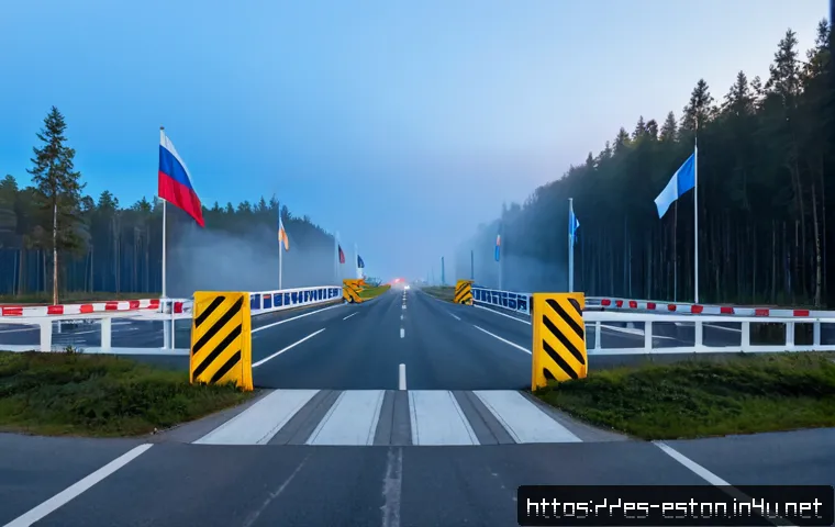 Home 17 에스토니아와 러시아의 관계 - Photorealistic wide-angle view of a quiet Estonia–Russia border crossing at dawn, orderly road barri...